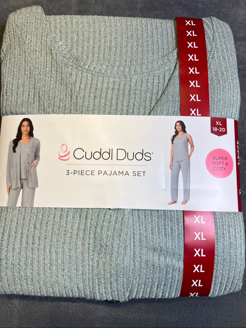 Cuddl Duds Ribbed 3-Piece Pajama Set in Sage Green
